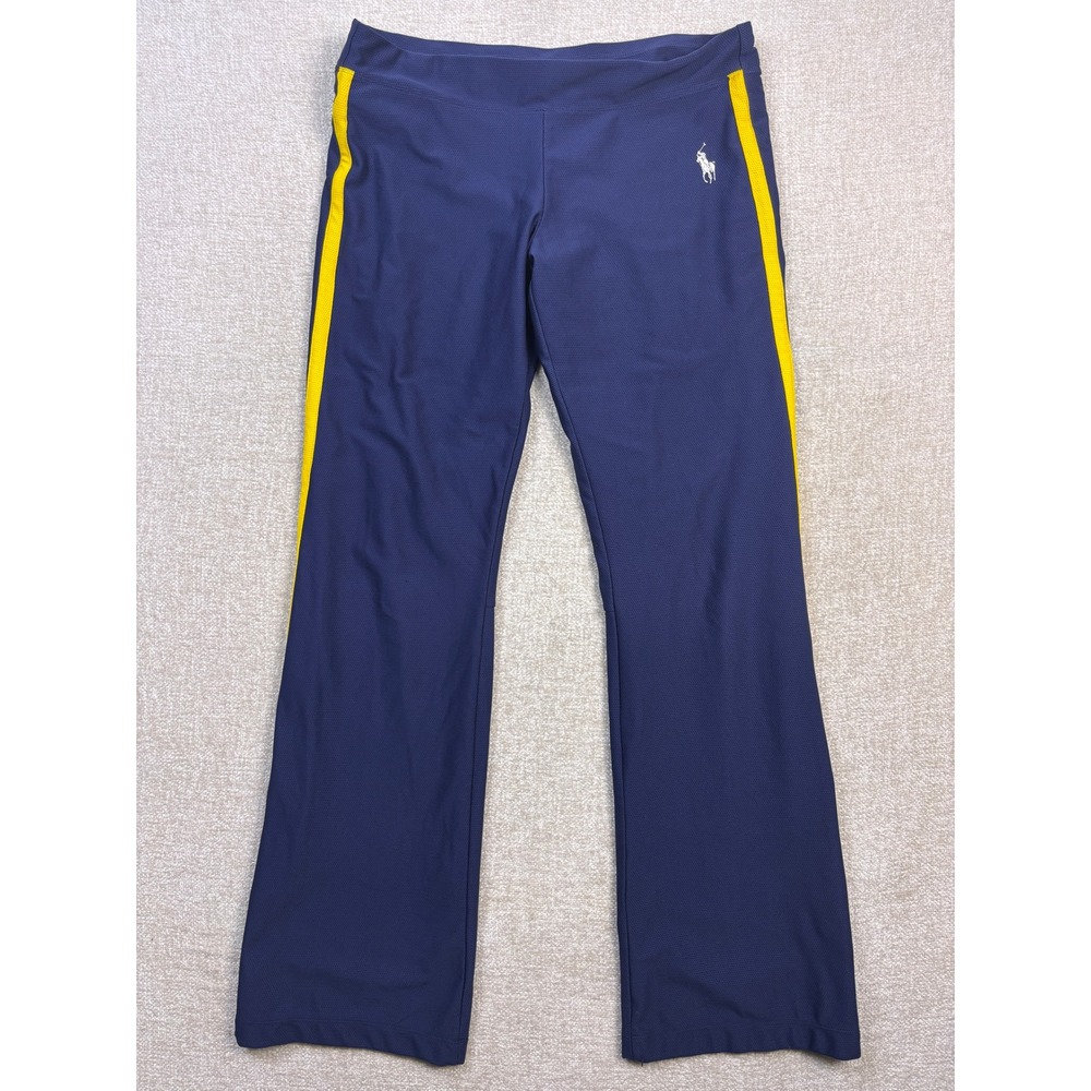 RLX Ralph Lauren Womens Navy Blue Yellow Stripe Mesh Athletic Flare Pants Large